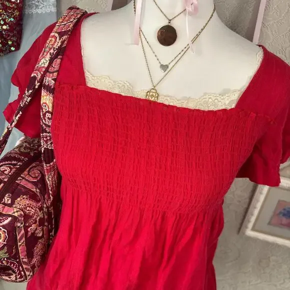 y2k red valentines day babydoll blouse top - Picture 2 of 5
